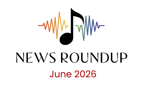 News Roundup music note logo with rainbow soundwave