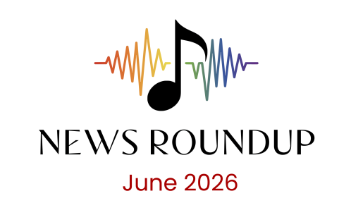 News Roundup music note logo with rainbow soundwave