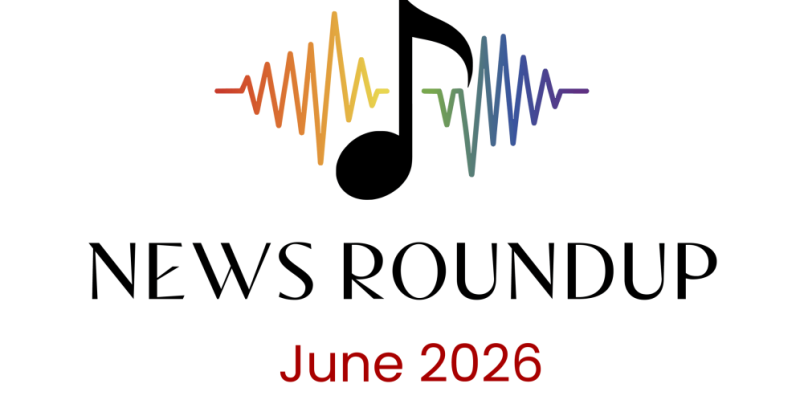 News Roundup music note logo with rainbow soundwave