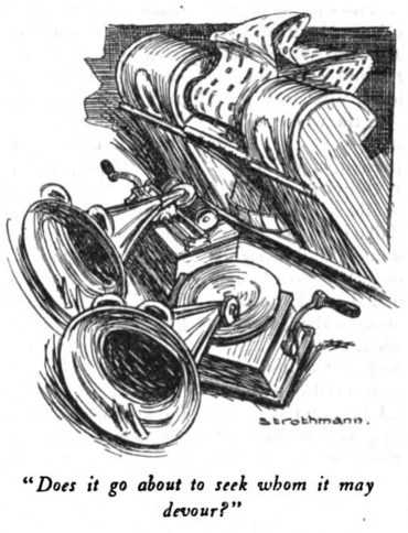 In this cartoon from John Philip Sousa’s 1906 article, “The Menace of Mechanical Music,” two anthropomorphized phonographs and a push-up piano player with its large-toothed mouth agape charge forward while the piano roll trails behind in the wind.